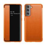 For Samsung Galaxy S21 5G Magnetic Side Window View Shockproof Horizontal Flip Leather Case(Orange)