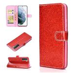 For Samsung Galaxy S21 5G Glitter Powder Horizontal Flip Leather Case with Card Slots & Holder & Photo Frame & Wallet(Red)