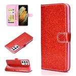 For Samsung Galaxy S21 Ultra 5G Glitter Powder Horizontal Flip Leather Case with Card Slots & Holder & Photo Frame & Wallet(Red)