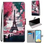 For OPPO A15 / A15s Coloured Drawing Cross Texture Horizontal Flip PU Leather Case with Holder & Card Slots & Wallet & Lanyard(Pink Flower Tower Bridge)
