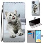 For OPPO A15 / A15s Coloured Drawing Cross Texture Horizontal Flip PU Leather Case with Holder & Card Slots & Wallet & Lanyard(Small Gray Cat)