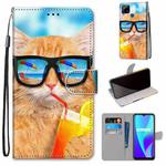 For OPPO Realme C15 / C12 / C25 / 7i (Global) / Narzo 20 / 30A Coloured Drawing Cross Texture Horizontal Flip PU Leather Case with Holder & Card Slots & Wallet & Lanyard(Cat Drinking Soda)