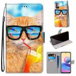 For Xiaomi Redmi Note 10 5G Coloured Drawing Cross Texture Horizontal Flip PU Leather Case with Holder & Card Slots & Wallet & Lanyard(Cat Drinking Soda)