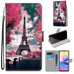 For Xiaomi Redmi Note 10 5G Coloured Drawing Cross Texture Horizontal Flip PU Leather Case with Holder & Card Slots & Wallet & Lanyard(Pink Flower Tower Bridge)