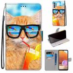 For Samsung Galaxy A32 4G / A32 Lite Coloured Drawing Cross Texture Horizontal Flip PU Leather Case with Holder & Card Slots & Wallet & Lanyard(Cat Drinking Soda)