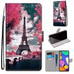 For Samsung Galaxy F62 / M62 Coloured Drawing Cross Texture Horizontal Flip PU Leather Case with Holder & Card Slots & Wallet & Lanyard(Pink Flower Tower Bridge)