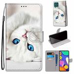 For Samsung Galaxy F62 / M62 Coloured Drawing Cross Texture Horizontal Flip PU Leather Case with Holder & Card Slots & Wallet & Lanyard(White Kitten)