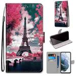 For Samsung Galaxy S21 FE Coloured Drawing Cross Texture Horizontal Flip PU Leather Case with Holder & Card Slots & Wallet & Lanyard(Pink Flower Tower Bridge)