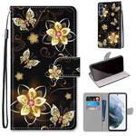 For Samsung Galaxy S21 FE Coloured Drawing Cross Texture Horizontal Flip PU Leather Case with Holder & Card Slots & Wallet & Lanyard(Gold Diamond Butterfly)