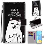 For OPPO A15 / A15s Coloured Drawing Cross Texture Horizontal Flip PU Leather Case with Holder & Card Slots & Wallet & Lanyard(Middle Finger White Cat)