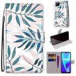 For OPPO Realme C15 / C12 / C25 / 7i (Global) / Narzo 20 / 30A Coloured Drawing Cross Texture Horizontal Flip PU Leather Case with Holder & Card Slots & Wallet & Lanyard(Pink Green Leaf)