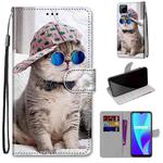 For OPPO Realme C15 / C12 / C25 / 7i (Global) / Narzo 20 / 30A Coloured Drawing Cross Texture Horizontal Flip PU Leather Case with Holder & Card Slots & Wallet & Lanyard(Slant Hat Blue Mirror Cat)