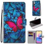 For Xiaomi Redmi Note 10 5G Coloured Drawing Cross Texture Horizontal Flip PU Leather Case with Holder & Card Slots & Wallet & Lanyard(Blue Red Butterfly)