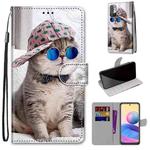 For Xiaomi Redmi Note 10 5G Coloured Drawing Cross Texture Horizontal Flip PU Leather Case with Holder & Card Slots & Wallet & Lanyard(Slant Hat Blue Mirror Cat)