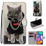 For Samsung Galaxy F62 / M62 Coloured Drawing Cross Texture Horizontal Flip PU Leather Case with Holder & Card Slots & Wallet & Lanyard(Golden Chain Grey Cat)