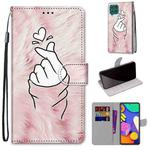 For Samsung Galaxy F62 / M62 Coloured Drawing Cross Texture Horizontal Flip PU Leather Case with Holder & Card Slots & Wallet & Lanyard(Pink Hands Heart)