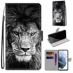 For Samsung Galaxy S21 FE Coloured Drawing Cross Texture Horizontal Flip PU Leather Case with Holder & Card Slots & Wallet & Lanyard(Black White Lion Head)
