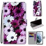 For Samsung Galaxy S21 FE Coloured Drawing Cross Texture Horizontal Flip PU Leather Case with Holder & Card Slots & Wallet & Lanyard(Chrysanthemum Pink White Purple)