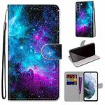 For Samsung Galaxy S21 FE Coloured Drawing Cross Texture Horizontal Flip PU Leather Case with Holder & Card Slots & Wallet & Lanyard(Purple Green Starry Sky)