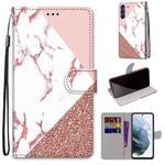 For Samsung Galaxy S21 FE Coloured Drawing Cross Texture Horizontal Flip PU Leather Case with Holder & Card Slots & Wallet & Lanyard(Pink Stone Texture)