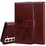 For Samsung Galaxy S21 5G Rose Embossed Horizontal Flip PU Leather Case with Holder & Card Slots & Wallet(Brown)