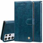 For Samsung Galaxy S21 Ultra 5G Business Style Oil Wax Texture Horizontal Flip Leather Case with Holder & Card Slots & Wallet(Blue)