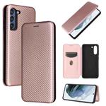 For Samsung Galaxy S21 FE Carbon Fiber Texture Horizontal Flip TPU + PC + PU Leather Case with Card Slot(Pink)
