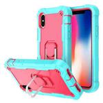 For iPhone X / XS PC + Rubber 3-layers Shockproof Protective Case with Rotating Holder(Mint Green + Rose Red)