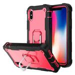 For iPhone X / XS PC + Rubber 3-layers Shockproof Protective Case with Rotating Holder(Black + Rose Red)