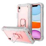 For iPhone XR PC + Rubber 3-layers Shockproof Protective Case with Rotating Holder(Grey White + Rose Gold)