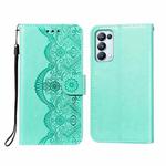 For OPPO Reno5 Pro 5G Flower Vine Embossing Pattern Horizontal Flip Leather Case with Card Slot & Holder & Wallet & Lanyard(Green)