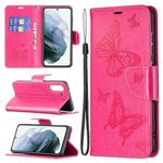 For Samsung Galaxy S21 FE Embossing Two Butterflies Pattern Horizontal Flip PU Leather Case with Holder & Card Slot & Wallet & Lanyard(Rose Red)