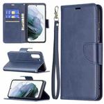 For Samsung Galaxy S21 FE Retro Lambskin Texture Pure Color Horizontal Flip PU Leather Case with Holder & Card Slots & Wallet & Lanyard(Blue)