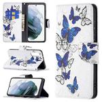 For Samsung Galaxy S21 FE Colored Drawing Pattern Horizontal Flip Leather Case with Holder & Card Slots & Wallet(Blue Butterflies)