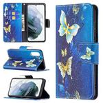 For Samsung Galaxy S21 FE Colored Drawing Pattern Horizontal Flip Leather Case with Holder & Card Slots & Wallet(Gold Butterfly)