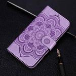 For Samsung Galaxy A22 5G Sun Mandala Embossing Pattern Horizontal Flip PU Leather Case with Holder & Card Slots & Wallet & Lanyard(Purple)