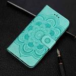 For Samsung Galaxy S21 FE Sun Mandala Embossing Pattern Horizontal Flip PU Leather Case with Holder & Card Slots & Wallet & Lanyard(Green)
