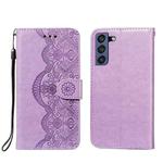 For Samsung Galaxy S21 FE Flower Vine Embossing Pattern Horizontal Flip Leather Case with Card Slot & Holder & Wallet & Lanyard(Purple)