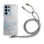 For Samsung Galaxy S21 Ultra 5G Hollow Marble Pattern TPU Shockproof Protective Case with Neck Strap Rope(Grey)