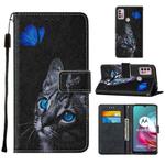 For Motorola Moto G30 / G10 / G10 Power Cross Texture Painting Pattern Horizontal Flip Leather Case with Holder & Card Slots & Wallet & Lanyard(Blue Butterfly Cat Eyes)