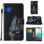 For Samsung Galaxy A02 / M02 Cross Texture Painting Pattern Horizontal Flip Leather Case with Holder & Card Slots & Wallet & Lanyard(Blue Butterfly Cat Eyes)