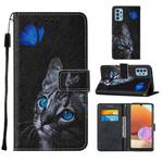 For Samsung Galaxy A32 4G (EU Version) Cross Texture Painting Pattern Horizontal Flip Leather Case with Holder & Card Slots & Wallet & Lanyard(Blue Butterfly Cat Eyes)