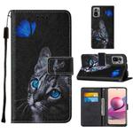 For Xiaomi Redmi Note 10S / Note 10 4G Cross Texture Painting Pattern Horizontal Flip Leather Case with Holder & Card Slots & Wallet & Lanyard(Blue Butterfly Cat Eyes)