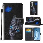 For Xiaomi Mi 10S Cross Texture Painting Pattern Horizontal Flip Leather Case with Holder & Card Slots & Wallet & Lanyard(Blue Butterfly Cat Eyes)