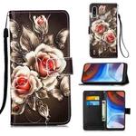 For Motorola Moto E7 Power Colored Drawing Pattern Plain Weave Horizontal Flip Leather Case with Holder & Card Slot & Wallet & Lanyard(Roses On Black)