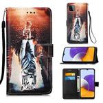 For Samsung Galaxy A22 5G  (US Version) Colored Drawing Pattern Plain Weave Horizontal Flip Leather Case with Holder & Card Slot & Wallet & Lanyard(Cats And Tigers)