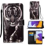 For Samsung Galaxy A22 5G  (US Version) Colored Drawing Pattern Plain Weave Horizontal Flip Leather Case with Holder & Card Slot & Wallet & Lanyard(Black And White Tiger)