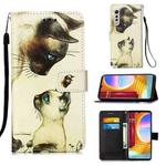 For LG Velvet 2 Pro Colored Drawing Pattern Plain Weave Horizontal Flip Leather Case with Holder & Card Slot & Wallet & Lanyard(Cat Looking)
