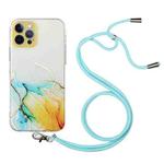 For iPhone 12 Pro Max Hollow Marble Pattern TPU Shockproof Protective Case with Neck Strap Rope(Yellow)