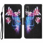 For Samsung Galaxy A02 Coloured Drawing Pattern Horizontal Flip PU Leather Case with Holder & Card Slots & Wallet & Lanyard(Three Fluorescent Butterflies)